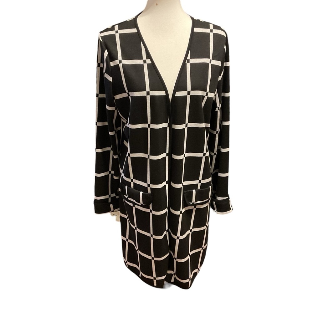 I.N. Studio Black Light Gray Geometric Sweater Jacket Cardigan